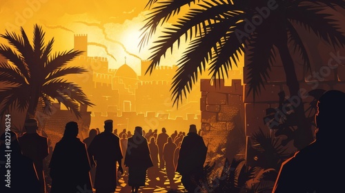 palm sunday illustration jesus triumphal entry into jerusalem crowd silhouette ancient city digital art