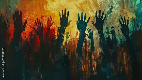 raised hands for participation and support large group digital painting