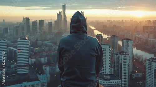 rear view of man in hoodie contemplating city skyline from above