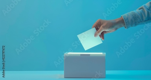 Hand putting white card into the glowing materialistic white paper box with copy space for text or logo, wide banner of the office worker casting
