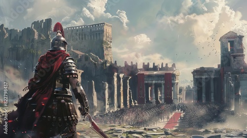 roman legionary warrior standing amidst ancient roman city ruins historical digital illustration
