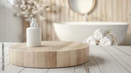 round wooden display podium on blurred bathroom background lifestyle photo