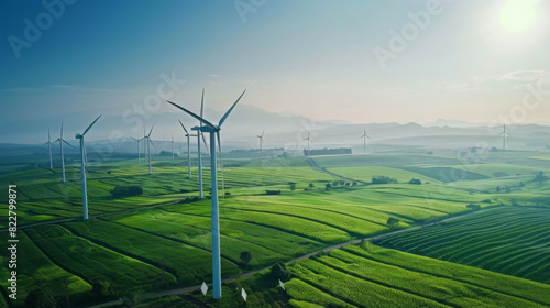 A large field of wind turbines with a clear blue sky in the background