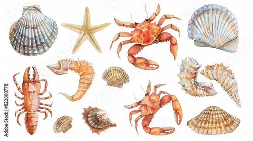 seashells starfish and crabs on white background hand drawn watercolor illustration marine life collection
