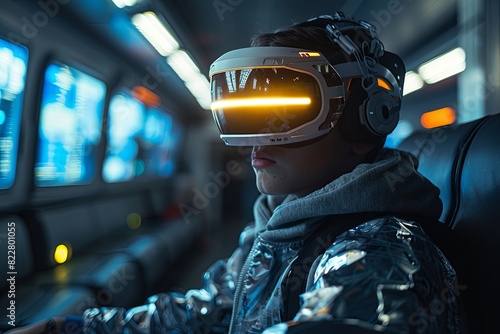 Glowing Visor: Cyberpunk Scifi Boy Shattered in Futuristic Setting