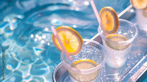 A close-up of a plastic cups with fizzy drinks, each with a lemon slice and a straw, floating on a metallic tray in a swimming pool, Generative AI illustrations. 