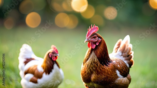 Chickens in Sunlit Pasture with Bokeh Background