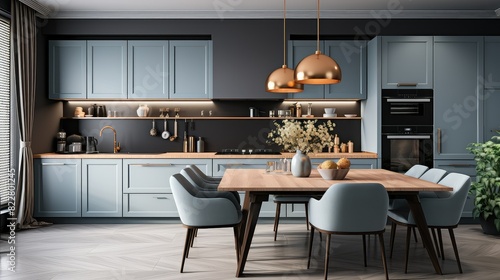 Blue and brown modern kitchen interior with dining table