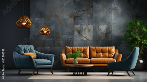 Retro living room interior with brown leather sofa, blue armchair and coffee table on the carpet. 3d render