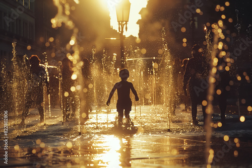A kid splashes in the water of an outdoor fountain - AI Generated