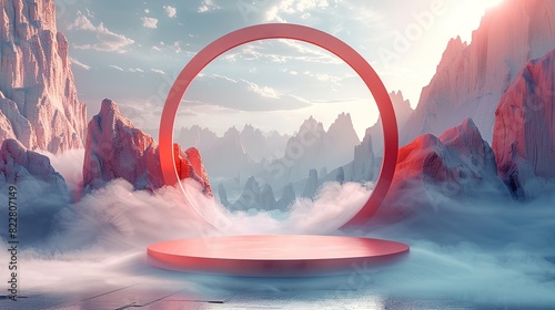 A futuristic podium with surrounding 3D shapes and ambient fog, designed to elevate and emphasize the product in a cutting-edge manner. Illustration image,