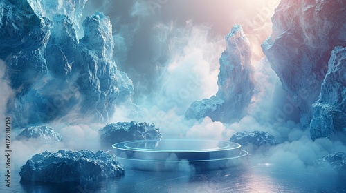 A futuristic podium with surrounding 3D shapes and ambient fog, designed to elevate and emphasize the product in a cutting-edge manner. Illustration image,
