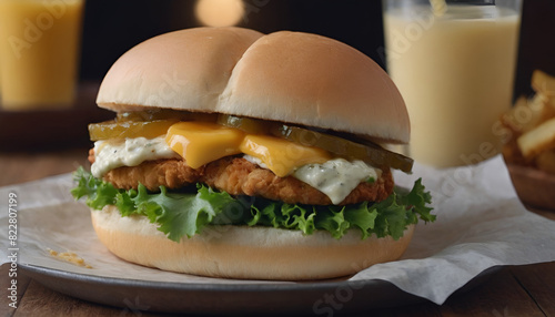 delicious chicken sandwich with pickles cheese and lettuce
