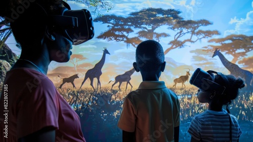 A family enjoying a virtual safari adventure where they can witness herds of wildebeest and giraffes running across the African plains.