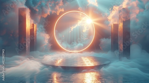 A circular podium surrounded by 3D geometric shapes, with light beams piercing through a thin layer of fog for a dramatic effect. Illustration image,