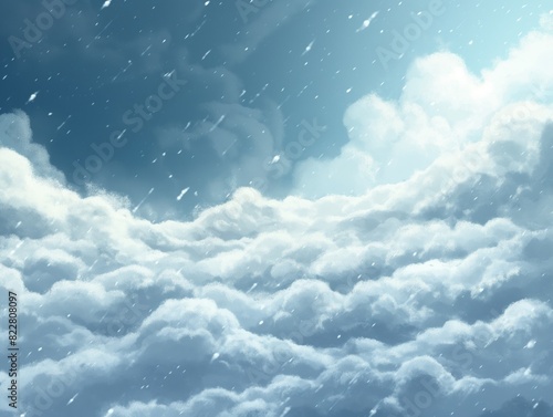 A cloudy sky with snow falling from it. The sky is mostly blue with some white clouds scattered throughout. The snow is falling in a light, gentle manner, creating a peaceful and serene atmosphere