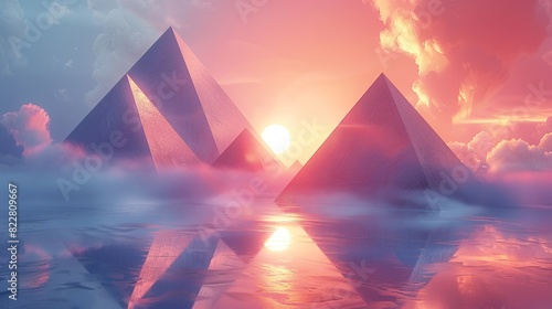 Geometric shapes like pyramids and spheres creating a dynamic stage, with fog adding a soft, ethereal touch to the presentation. Illustration image,