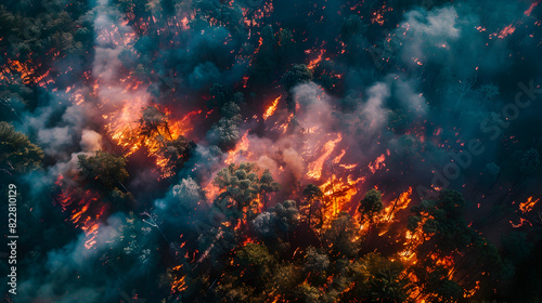 Aerial view of forest fire devastation