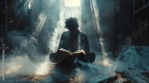 A mystical figure in a darkened room, reading prophecies from an old, dusty book,