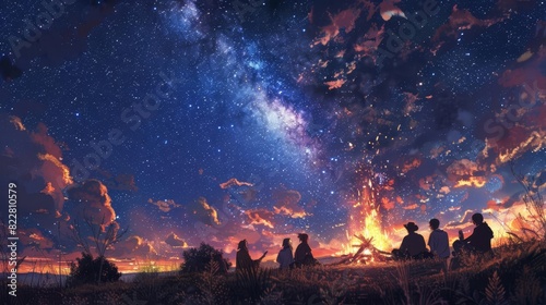 A nomadic tribe gathered around a campfire, sharing stories under a starry sky,