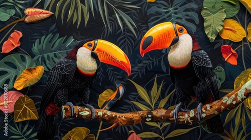 A pair of toucans with their vibrant beaks perched on a rainforest branch,