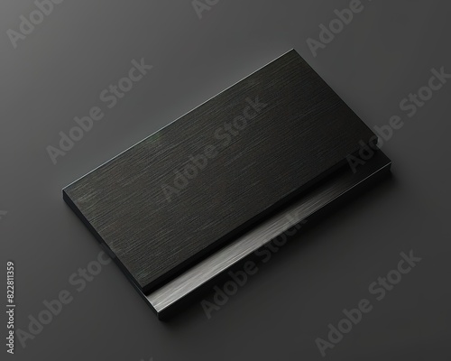 Fathers day card mockup, A closed black leather notebook with a silver trim lies flat on a black surface.