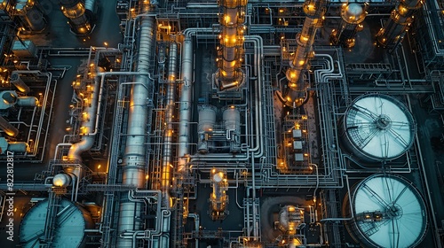 Industrial Background, Aerial view of a chemical plant with complex piping networks and large reactors, highlighting the scale and complexity of the operations. Illustration image,