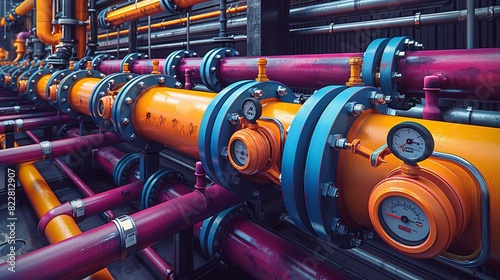 Industrial Background, Close-up of brightly colored control valves on large industrial pipes, with detailed labeling and gauges visible. Illustration image,