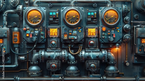Industrial Background, Close-up of gauges and control panels in an industrial plant, with digital displays and control knobs, showcasing modern technology. Illustration image,