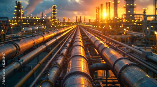 Industrial Background, Industrial factory pipes with a background of machinery and equipment, captured during the golden hour to highlight the warm tones of the setting sun. Illustration image,