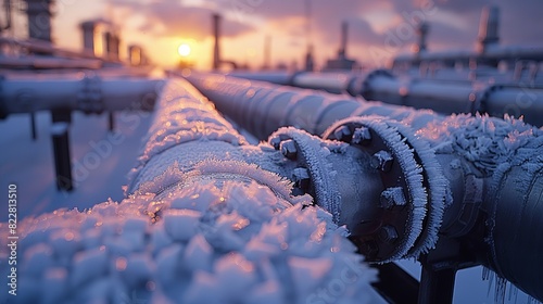 Industrial Background, Industrial pipes with frost and condensation, captured during early morning hours, emphasizing the environmental conditions. Illustration image,