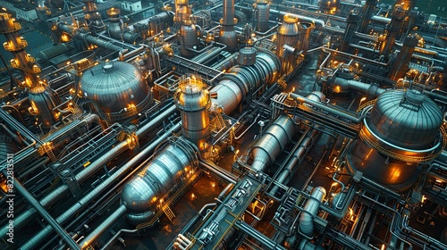 Industrial Background, High-angle view of an industrial complex with interconnected pipes and tanks, highlighting the sprawling nature of the facility. Illustration image,