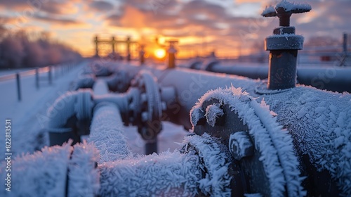 Industrial Background, Industrial pipes with frost and condensation, captured during early morning hours, emphasizing the environmental conditions. Illustration image,
