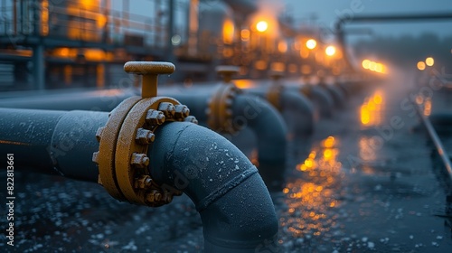 Industrial Background, Industrial pipes with steam and condensation, captured during early morning hours, emphasizing the operational conditions. Illustration image,