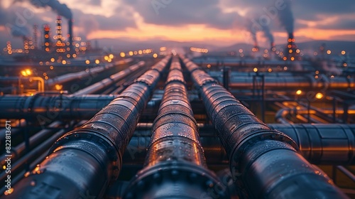 Industrial Background, Industrial pipes with steam and condensation, captured during early morning hours, emphasizing the operational conditions. Illustration image,