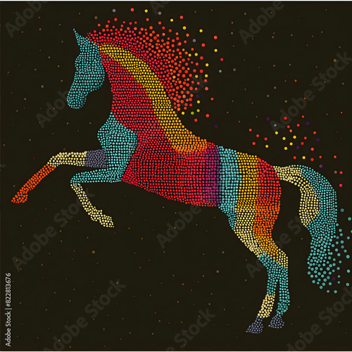  an image of a horse rearing, using a delicate and stunning collection of dots."