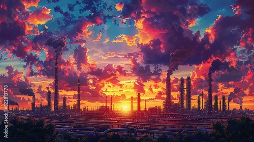 Industrial Background, Industrial plant during sunset, with pipes and structures silhouetted against the colorful sky, creating a dramatic and picturesque scene. Illustration image,