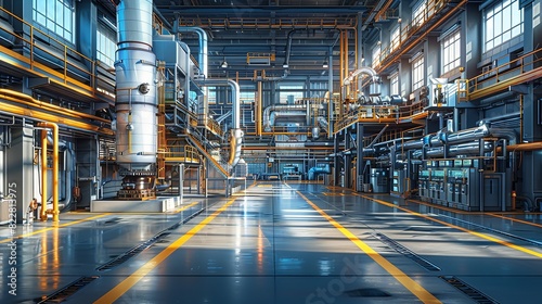 Industrial Background, Interior view of a chemical plant with pipes running along the walls and ceiling, showcasing the organized complexity of the facility. Illustration image,