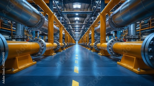 Industrial Background, Pipes and conduits running along the ceiling of a modern factory, with a focus on the symmetry and precision of the installation. Illustration image,