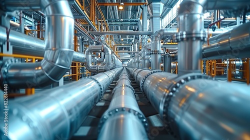 Industrial Background, Pipes and conduits running along the ceiling of a modern factory, with a focus on the symmetry and precision of the installation. Illustration image,