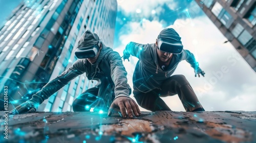 Two parkour athletes work in tandem using their augmented reality devices to create virtual handholds and footholds on a concrete building.