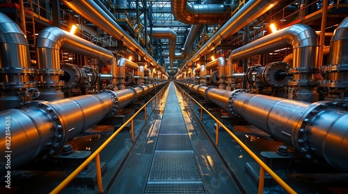 Industrial Background, Pipes and steam in a power plant, captured during peak operational hours, highlighting the dynamic environment. Illustration image,