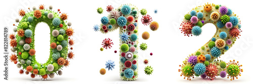 Numbers 0, 1, 2. Alphabet Made of Viruses and Bacteria.