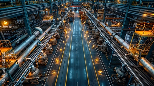 Industrial Background, Wide-angle shot of a factory floor with extensive piping systems and machinery, showcasing the scale and intricacy of the operations. Illustration image,