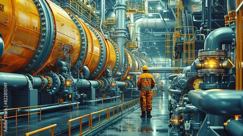 Industrial Background, Worker inspecting pipes in an industrial plant, with safety gear and tools, highlighting the human element in industrial maintenance. Illustration image,
