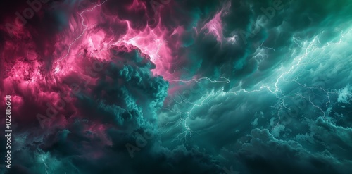 Description Pink lightning streaks through a deep green sky in a dazzling storm display.