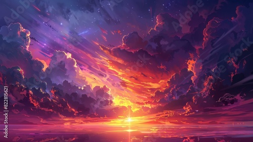 Sky melds vibrant orange, purple, and red hues in a spectacular sunset.