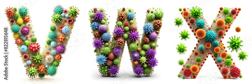 Letters V, W, X. Alphabet Made of Viruses and Bacteria.