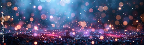 New Year Purple Firework Panorama with Snowflakes and Bokeh Lights