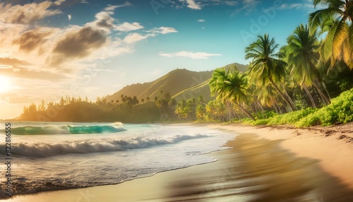 Beautiful tropical beach with palm trees, sunset beach seascape